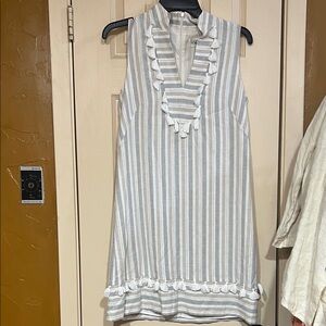 Eliza J Striped Linen Blend Sleeveless Dress with Tassels